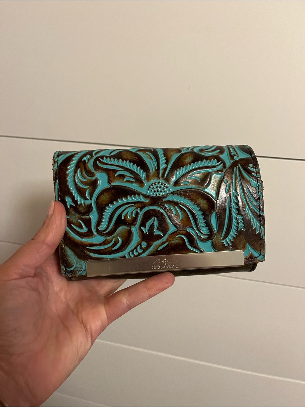 Patricia Nash Cauchy Tooled Turquoise Leather Framed Clutch Wallet